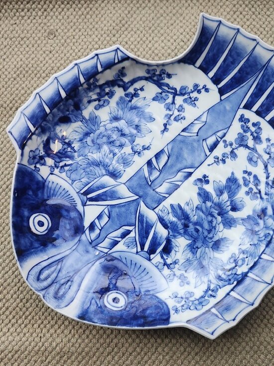 Other - Flounder Plate Japan Arita Porcelain Pottery Meiji Period Blue White Platter Old